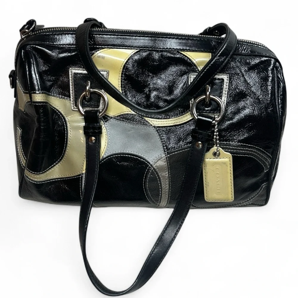 Coach Black Patent Inlaid Leather & Suede Cs Satchel Handbag